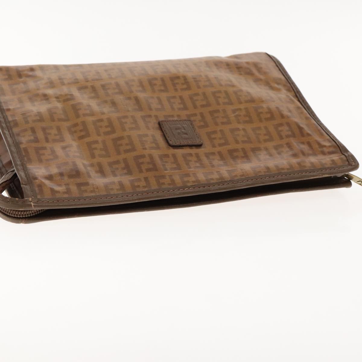 FENDI Zucchino Canvas Clutch Bag Brown Gold Auth ti2135