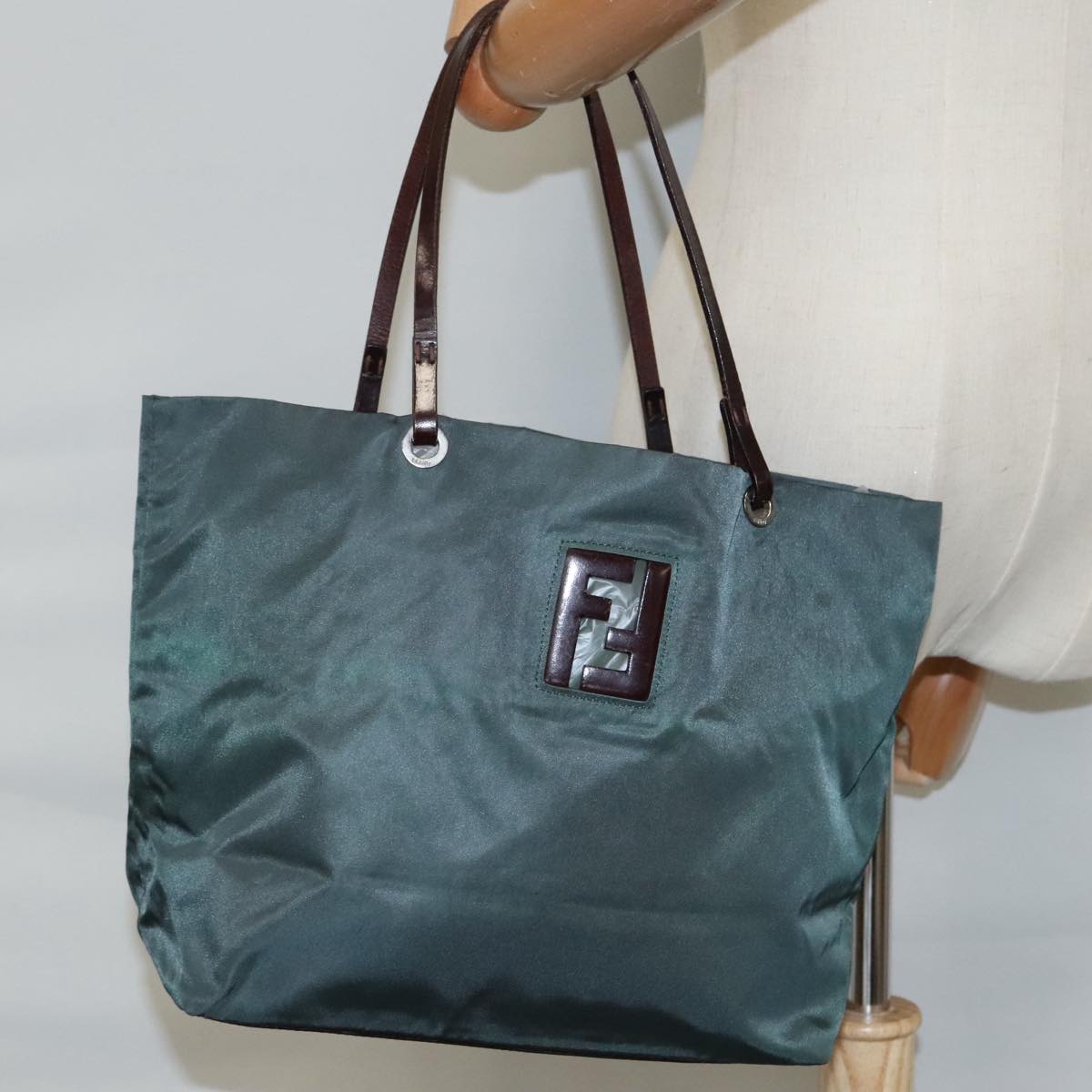 FENDI Hand Bag Nylon Khaki Brown Silver Auth ti2137