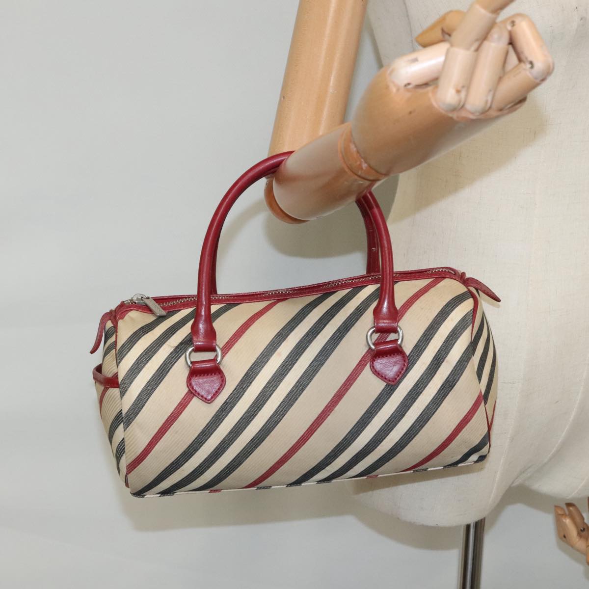 BURBERRY Nova Check Blue Label Hand Bag Beige Red Silver Auth ti2140