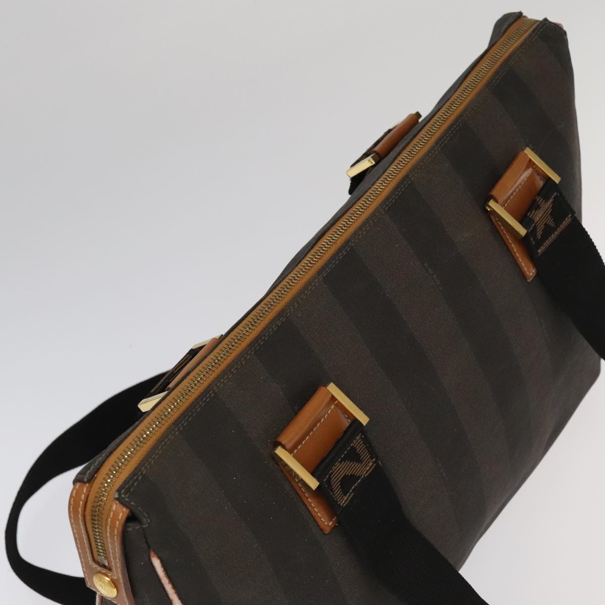 FENDI Pecan Canvas Boston Bag Brown Black Gold Auth ti2145