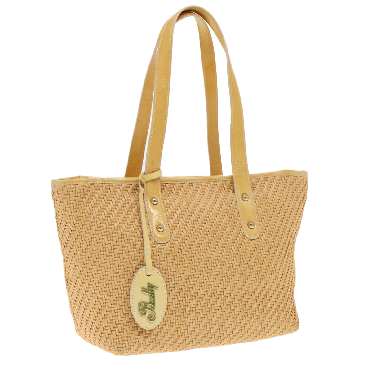 BALLY Tote Bag Raffia Leather Beige Yellow Gold Auth ti2146