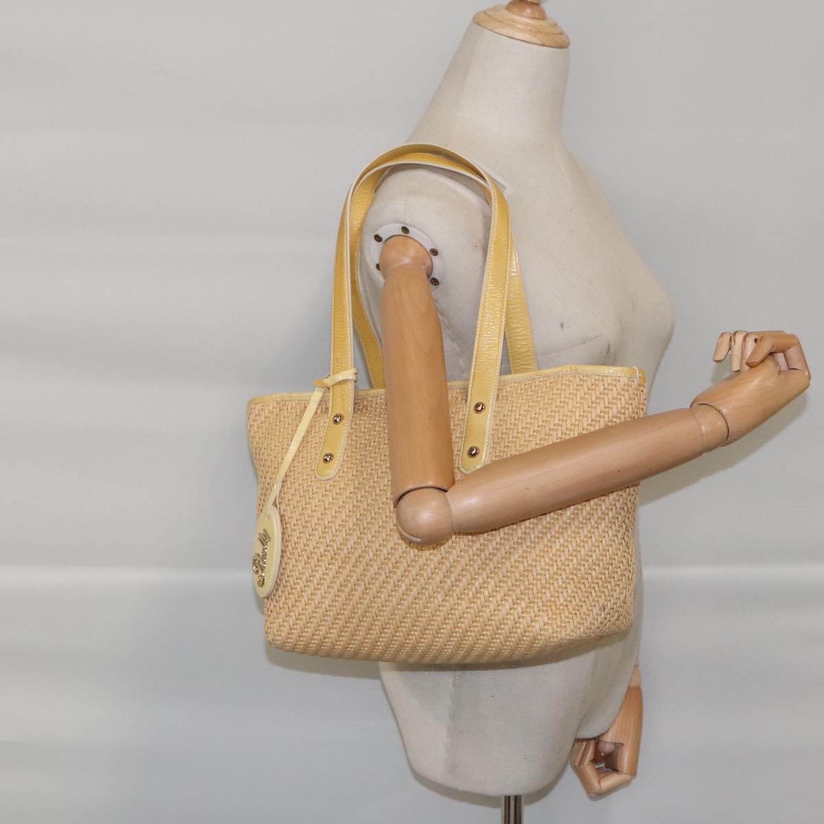 BALLY Tote Bag Raffia Leather Beige Yellow Gold Auth ti2146