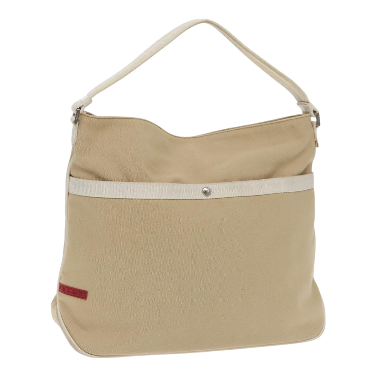 PRADA Hand Bag Canvas Leather Beige White Silver Auth ti2152