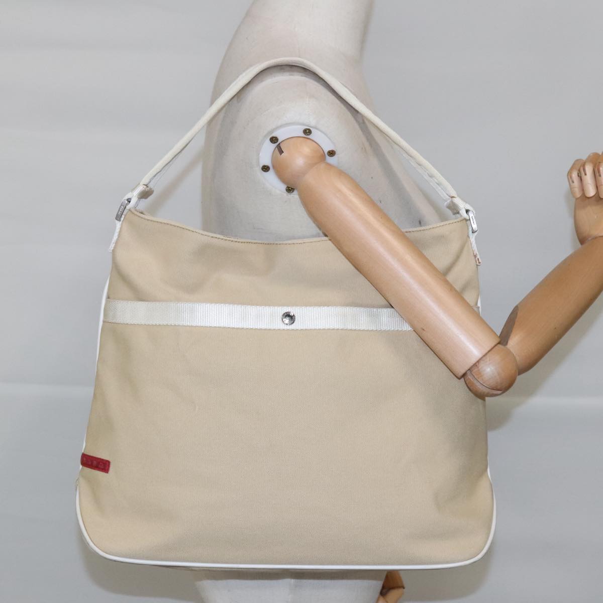 PRADA Hand Bag Canvas Leather Beige White Silver Auth ti2152