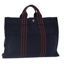 HERMES Tote Bag Canvas Navy Brown Silver Auth ti2161-1