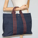 HERMES Tote Bag Canvas Navy Brown Silver Auth ti2161-21