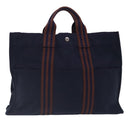 HERMES Tote Bag Canvas Navy Brown Silver Auth ti2161-13