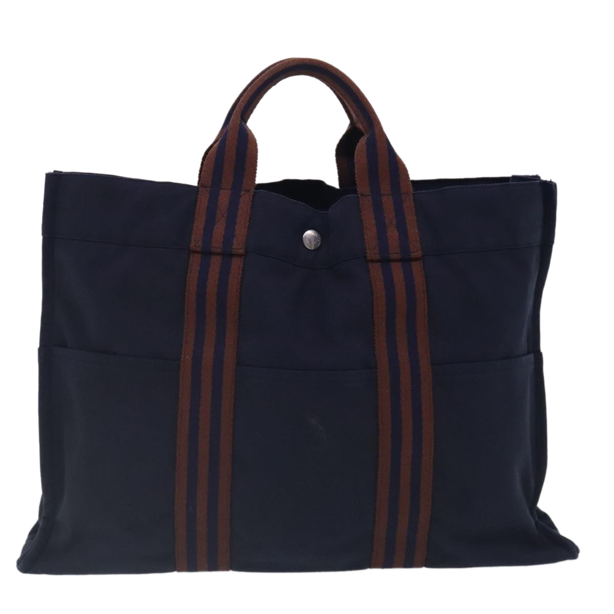 HERMES Tote Bag Canvas Navy Brown Silver Auth ti2161 - 0