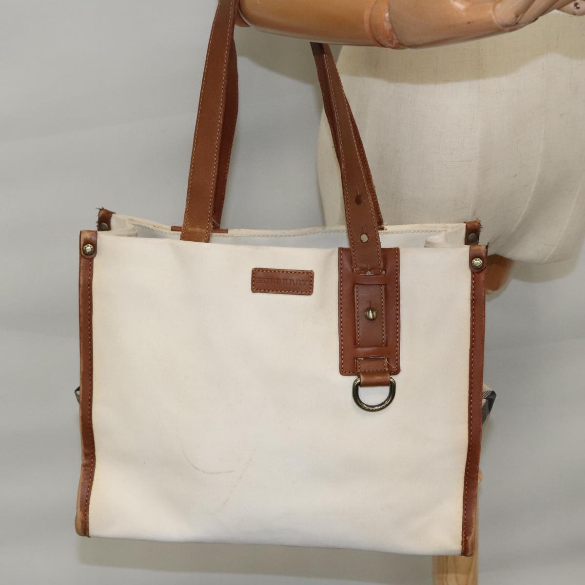 BURBERRY Tote Bag Canvas Leather White Brown Gold Auth ti2162