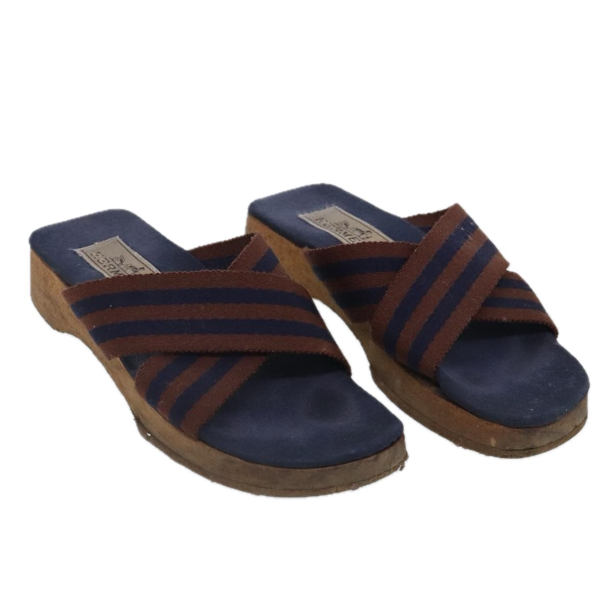 HERMES Sandals Canvas Navy Brown Auth ti2173