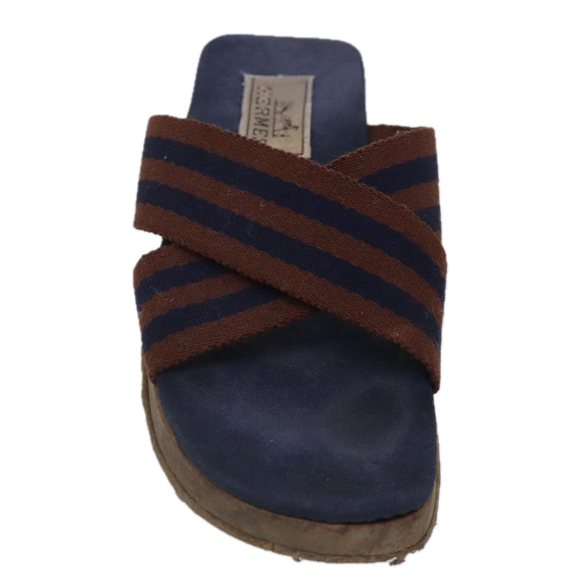 HERMES Sandals Canvas Navy Brown Auth ti2173 - 0