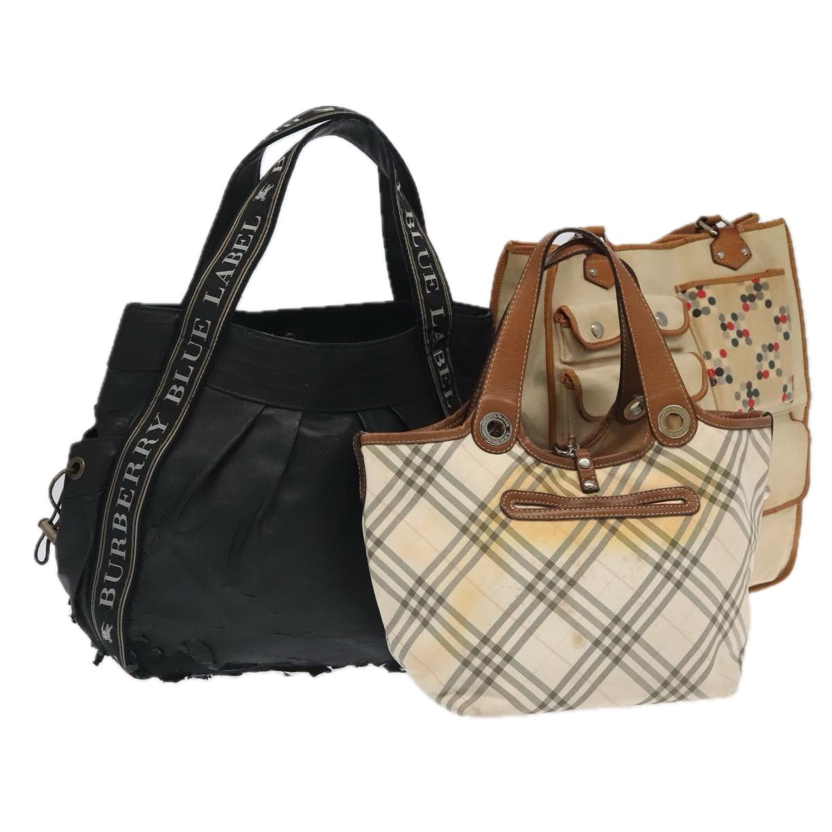 BURBERRY Nova Check Blue Label Tote Bag Canvas 3Set Beige Black Auth ti2176