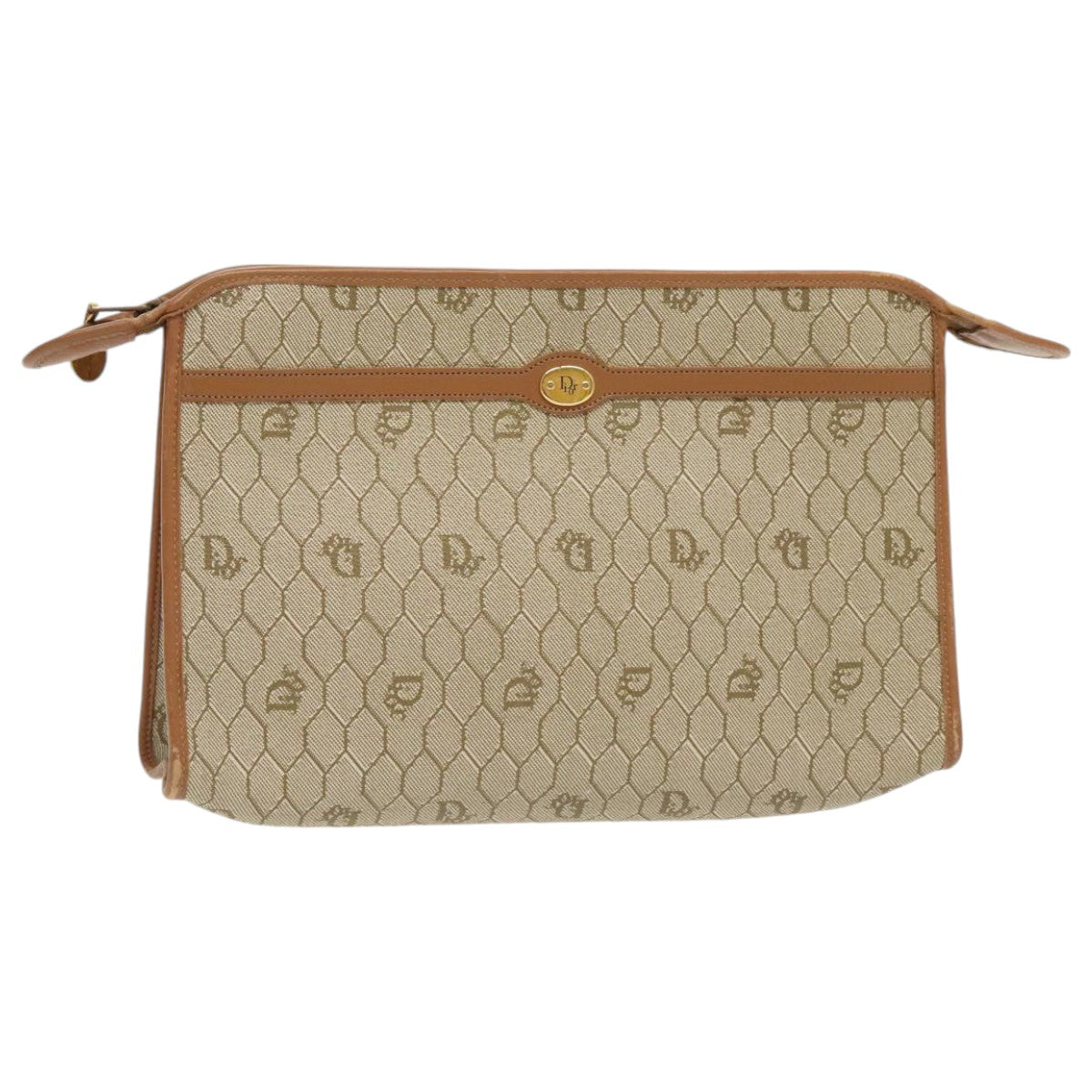 Christian Dior Honeycomb Canvas Clutch Bag PVC Leather Beige Auth ti2182