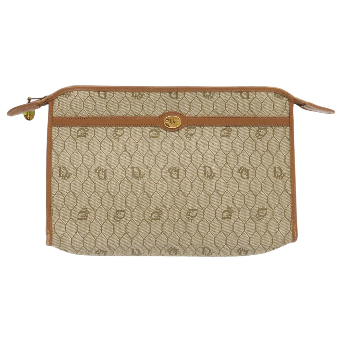 Christian Dior Honeycomb Canvas Clutch Bag PVC Leather Beige Auth ti2182 - 0