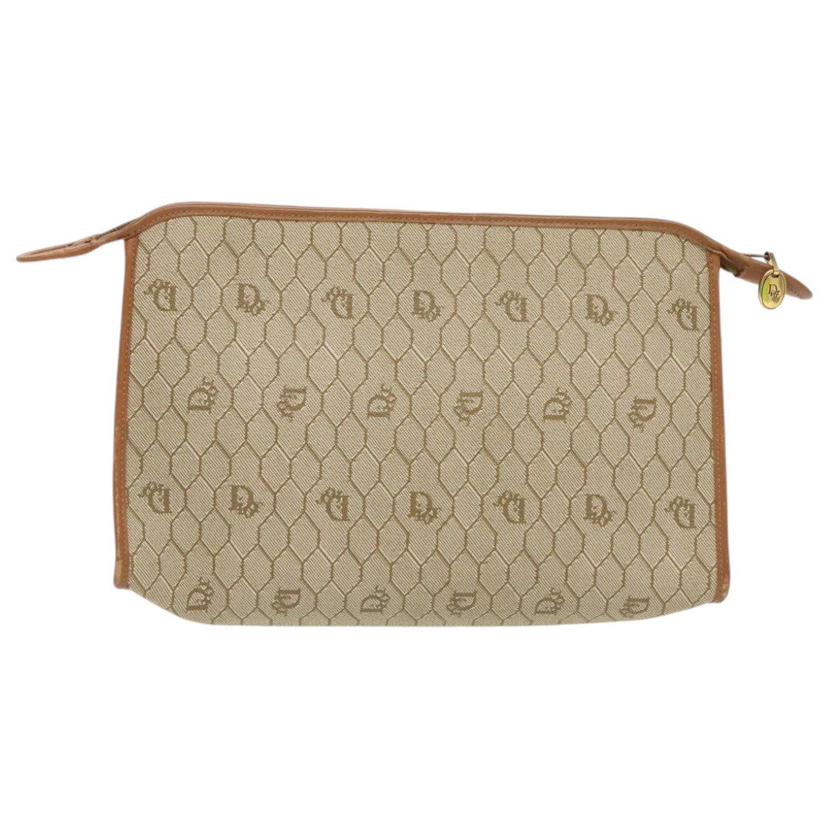 Christian Dior Honeycomb Canvas Clutch Bag PVC Leather Beige Auth ti2182