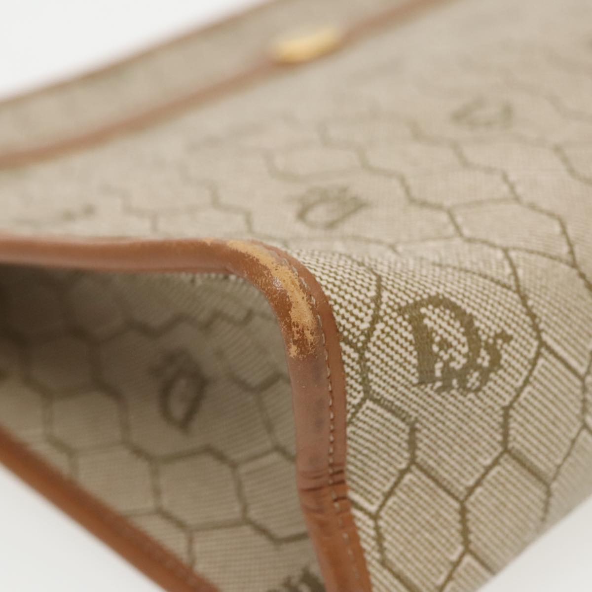 Christian Dior Honeycomb Canvas Clutch Bag PVC Leather Beige Auth ti2182