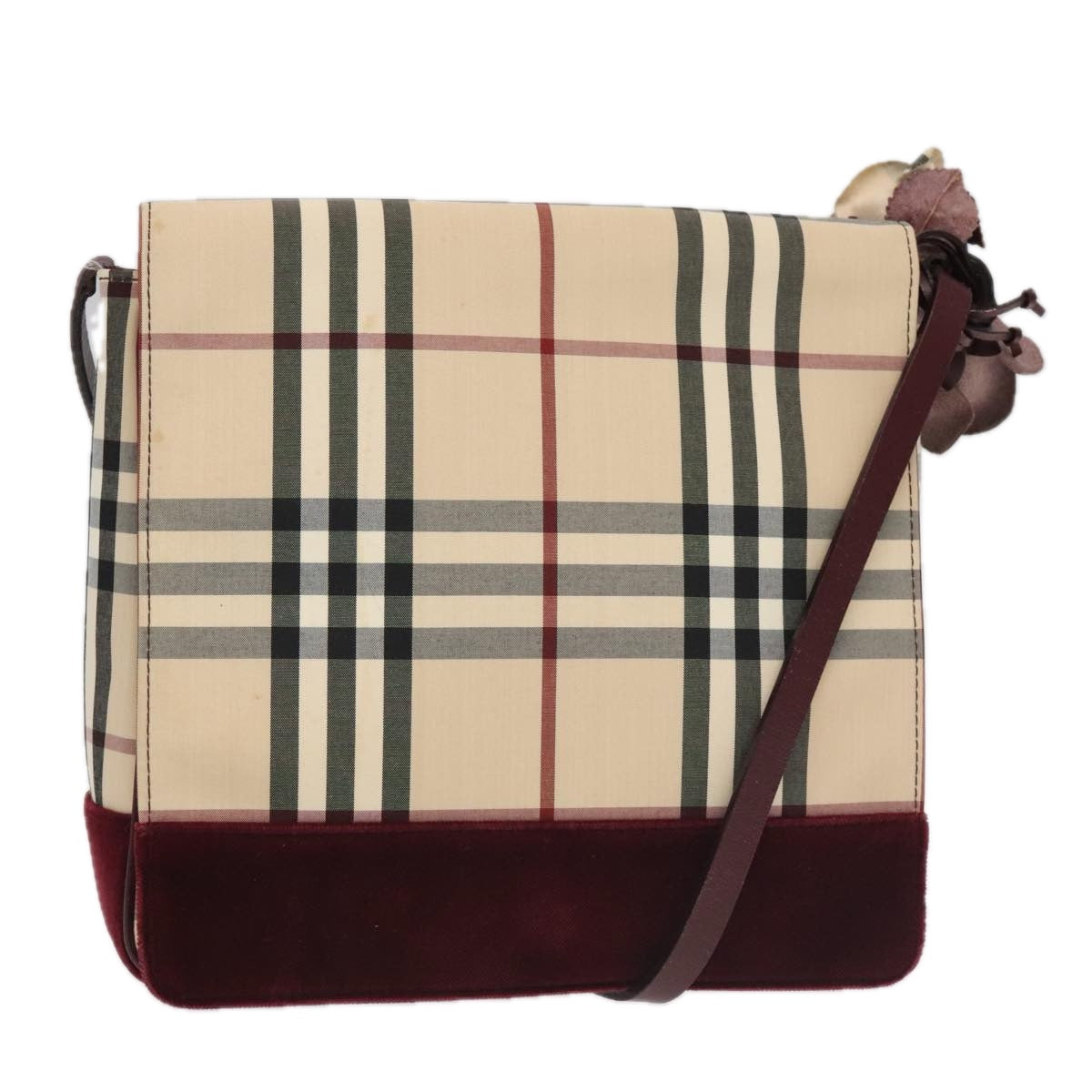 BURBERRY Nova Check Shoulder Bag Nylon Leather Beige Bordeaux Silver Auth ti2212