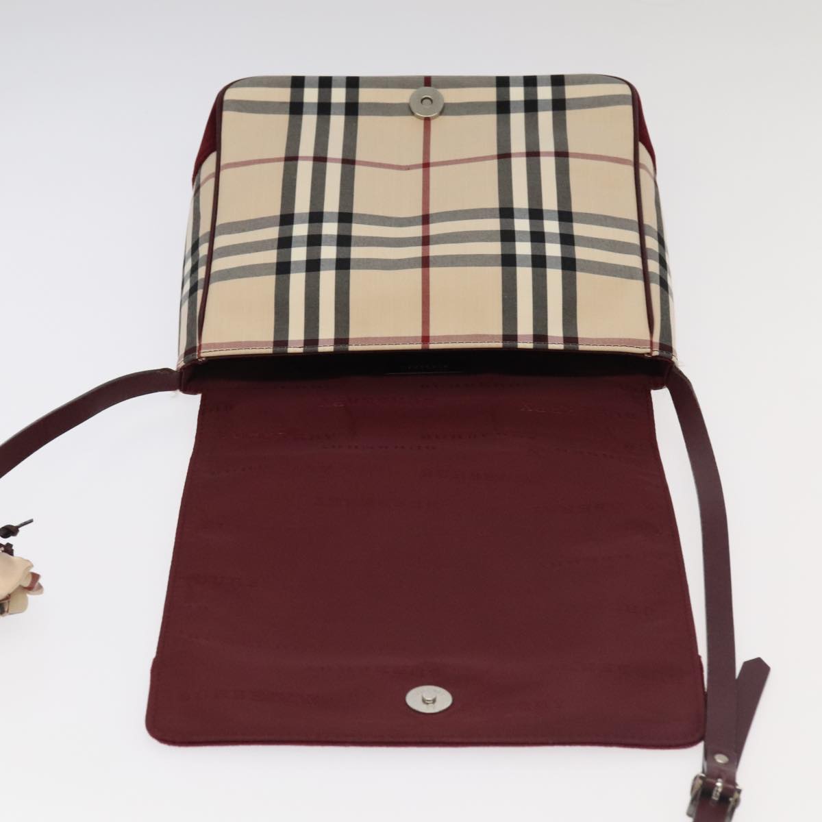 BURBERRY Nova Check Shoulder Bag Nylon Leather Beige Bordeaux Silver Auth ti2212