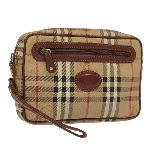 Burberrys Nova Check Clutch Bag PVC Leather Beige Brown Gold Auth ti2218