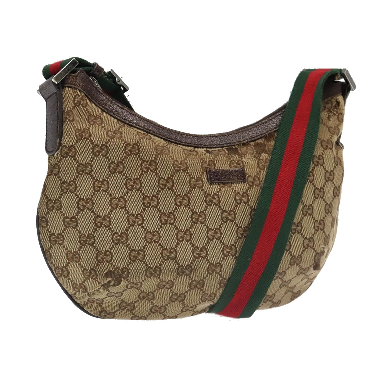 GUCCI GG Canvas Web Sherry Line Shoulder Bag Beige Silver 181092 Auth ti2224