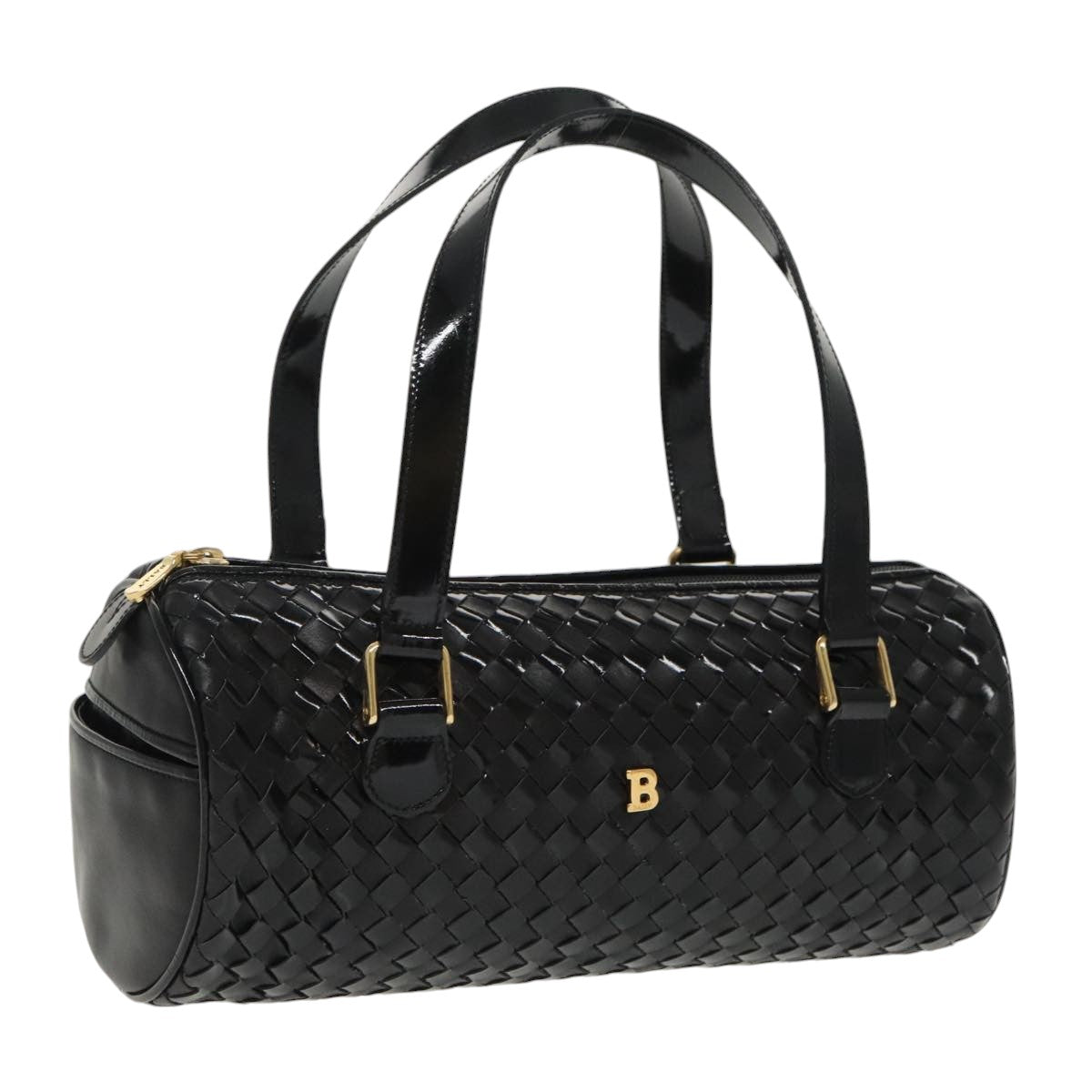 BALLY Hand Bag Enamel Black Gold Auth ti2228