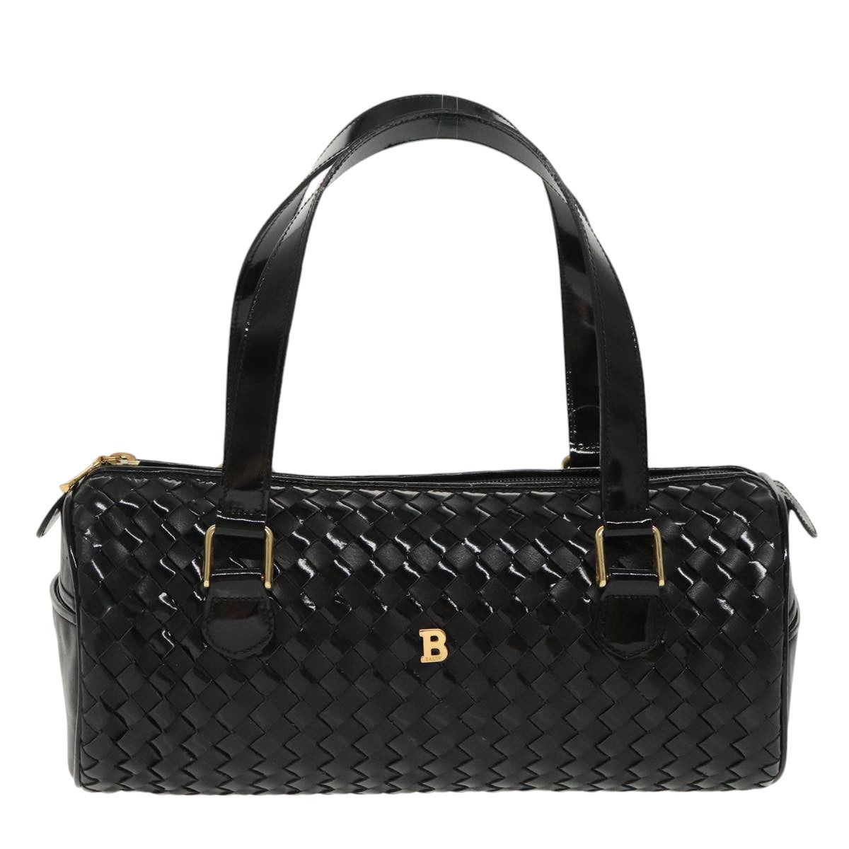 BALLY Hand Bag Enamel Black Gold Auth ti2228