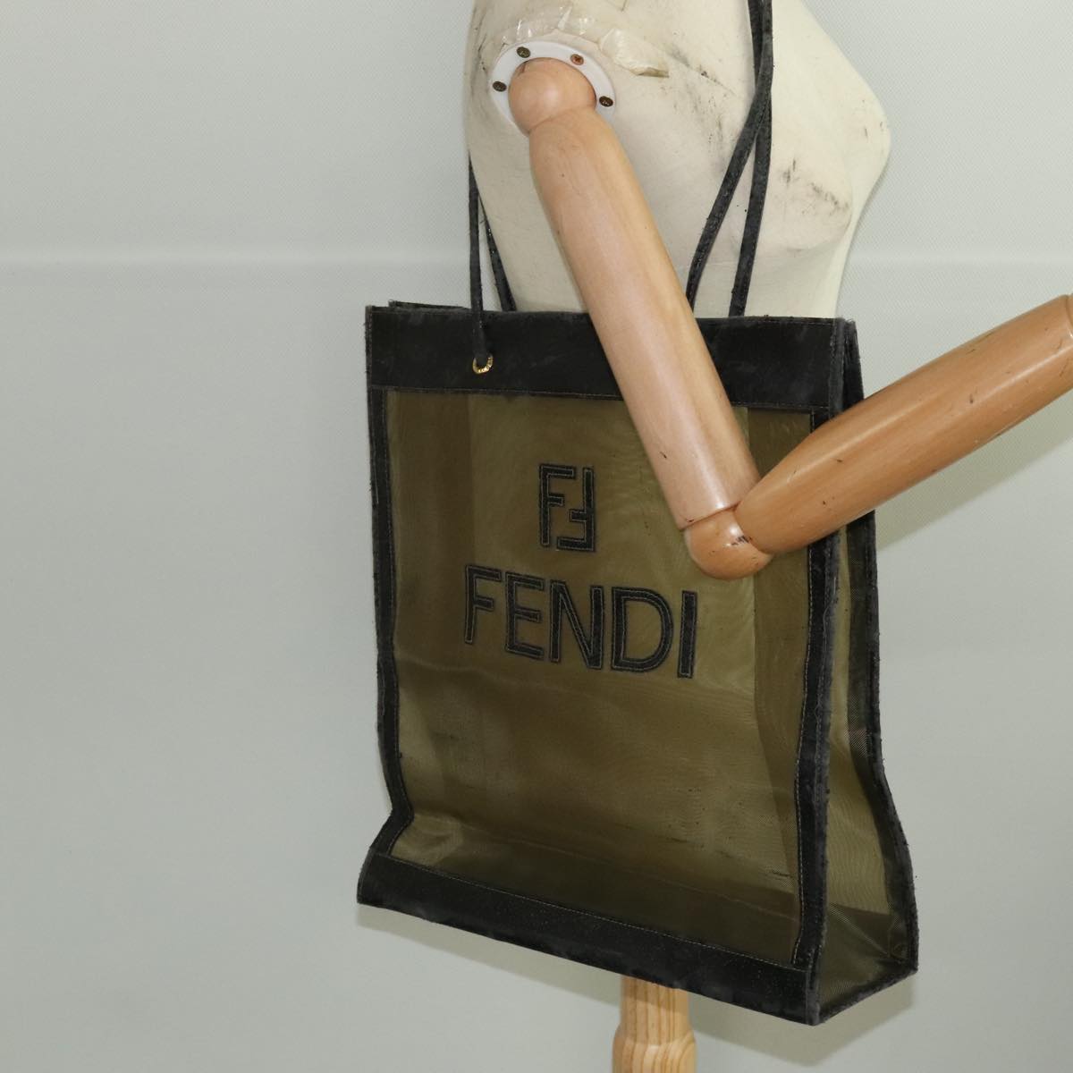 FENDI Tote Bag Nylon Leather Khaki Black Gold Auth ti2229