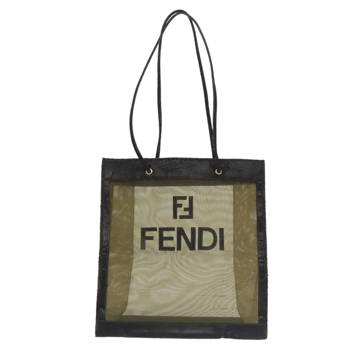 FENDI Tote Bag Nylon Leather Khaki Black Gold Auth ti2229