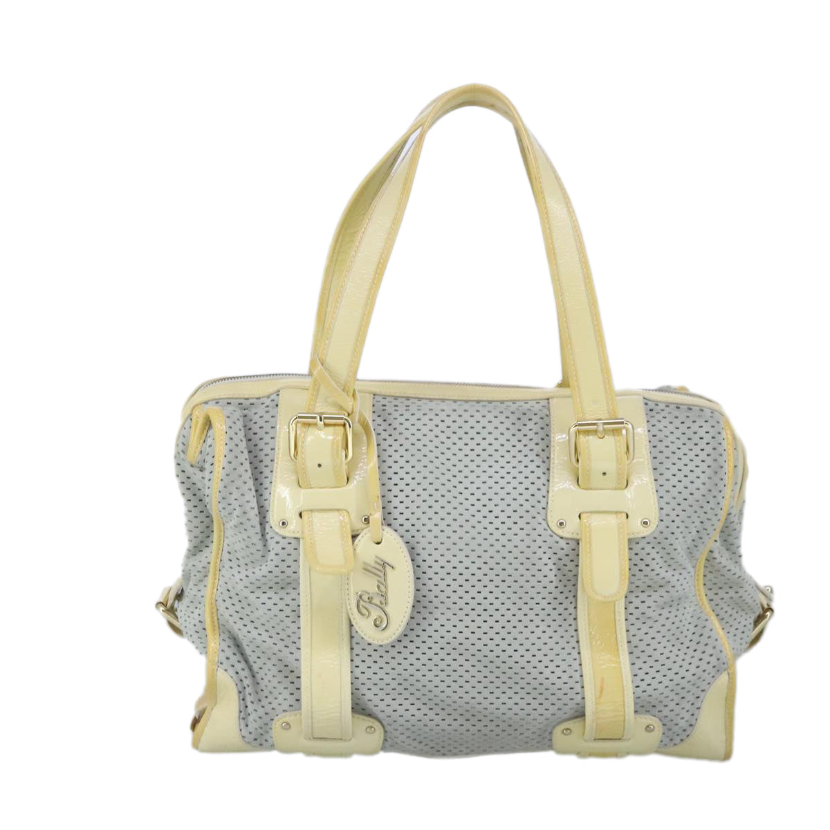 BALLY Hand Bag Suede Enamel Gray Yellow Gold Auth ti2235