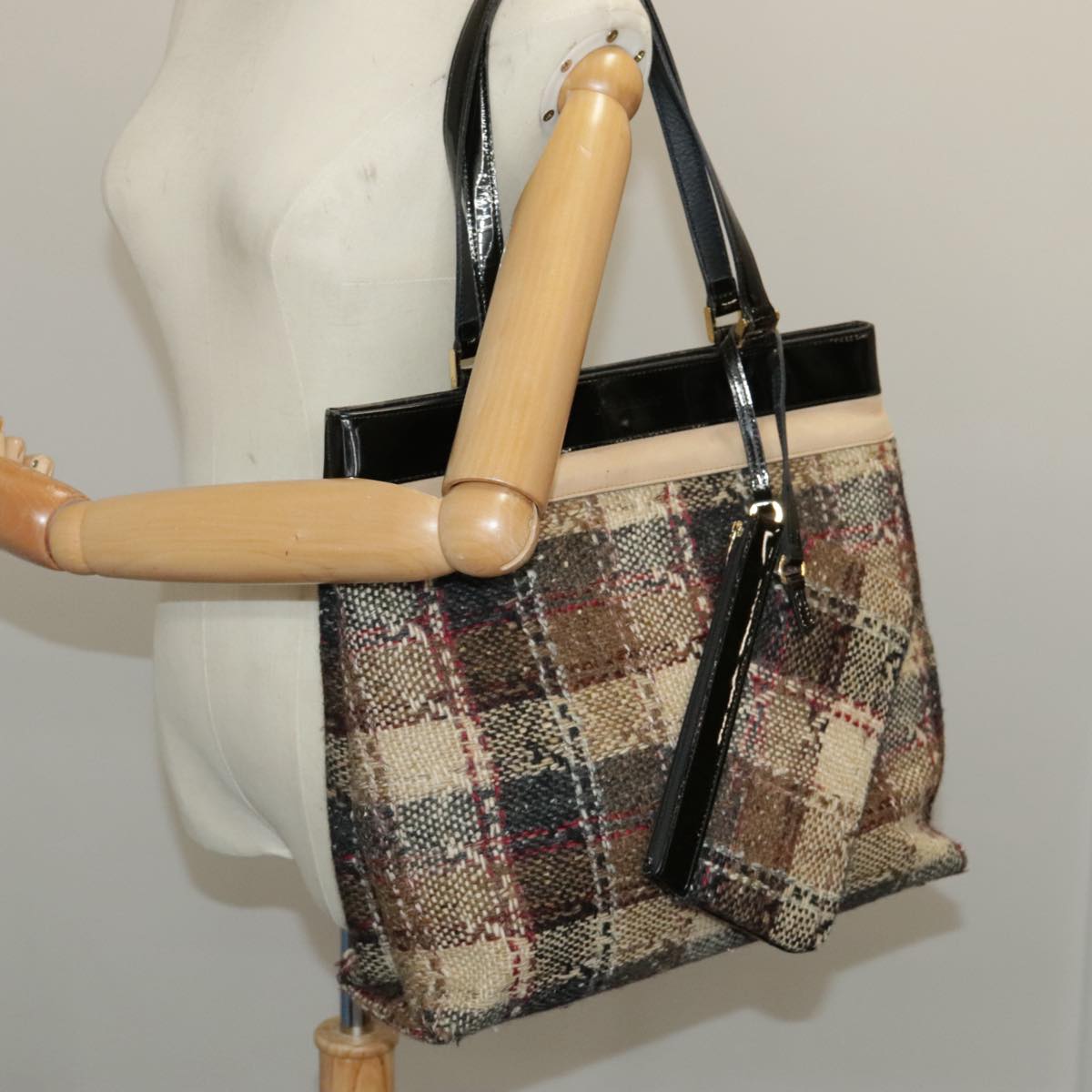 BURBERRY Nova Check Tote Bag Wool Leather Beige Black Gold Auth ti2237