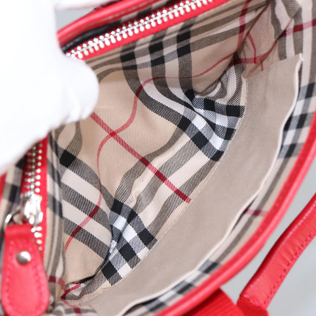 BURBERRY Hand Bag Nylon Silver Red Auth ti2247