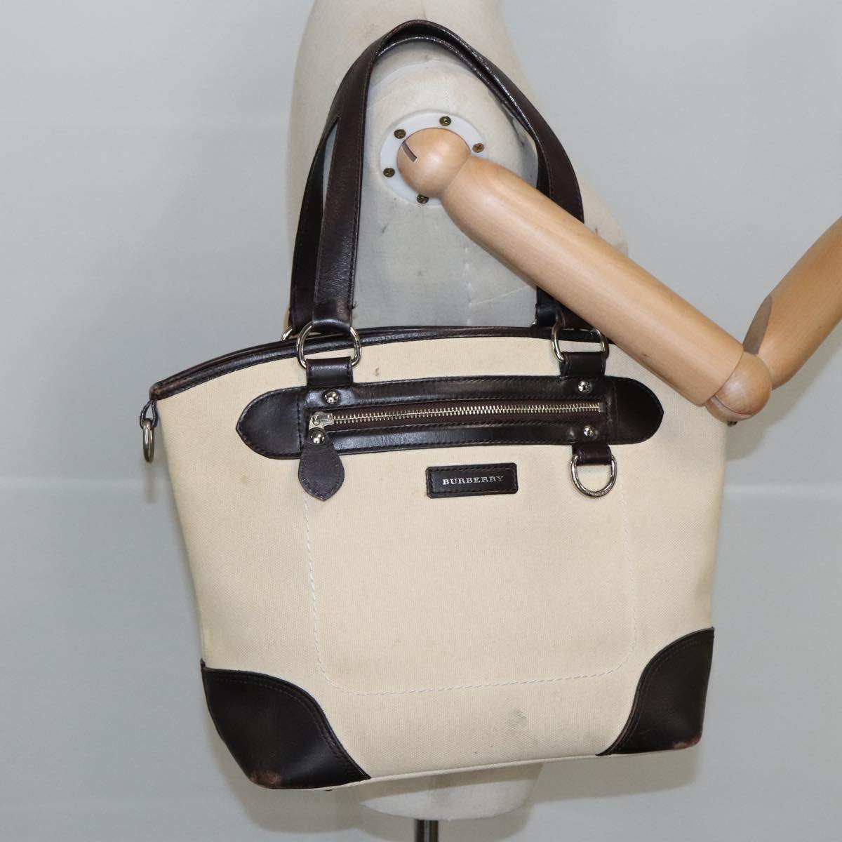 BURBERRY Tote Bag Canvas Beige Silver Auth ti2264