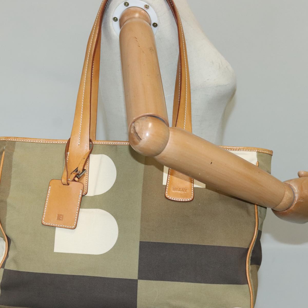 BALLY Shoulder Bag Canvas Beige Khaki Auth ti2293