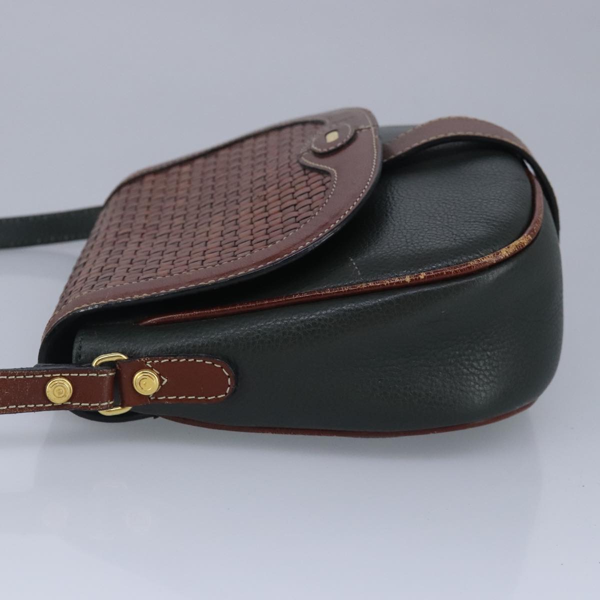 BALLY Shoulder Bag Leather Brown Green Auth ti2296