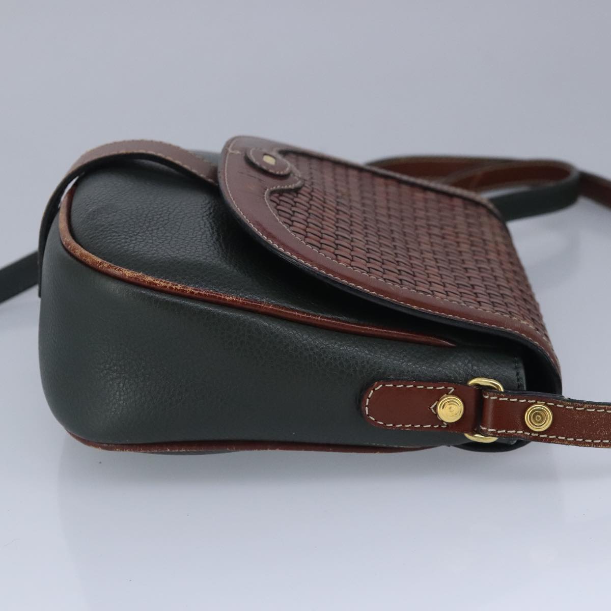 BALLY Shoulder Bag Leather Brown Green Auth ti2296