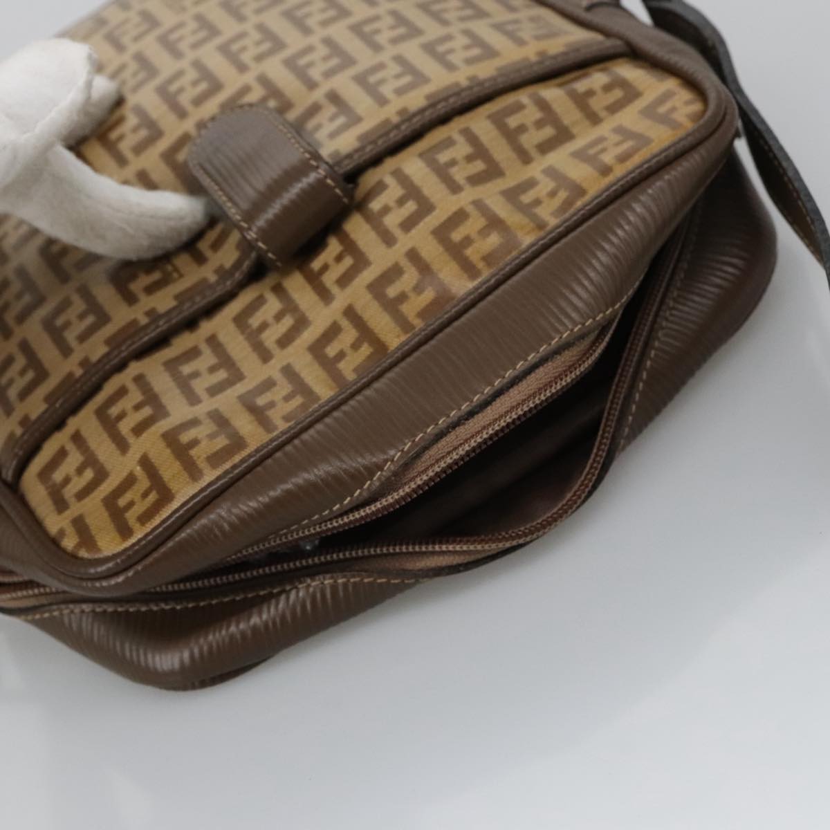 FENDI Zucchino Canvas Shoulder Bag Coated Canvas Brown Auth ti2297