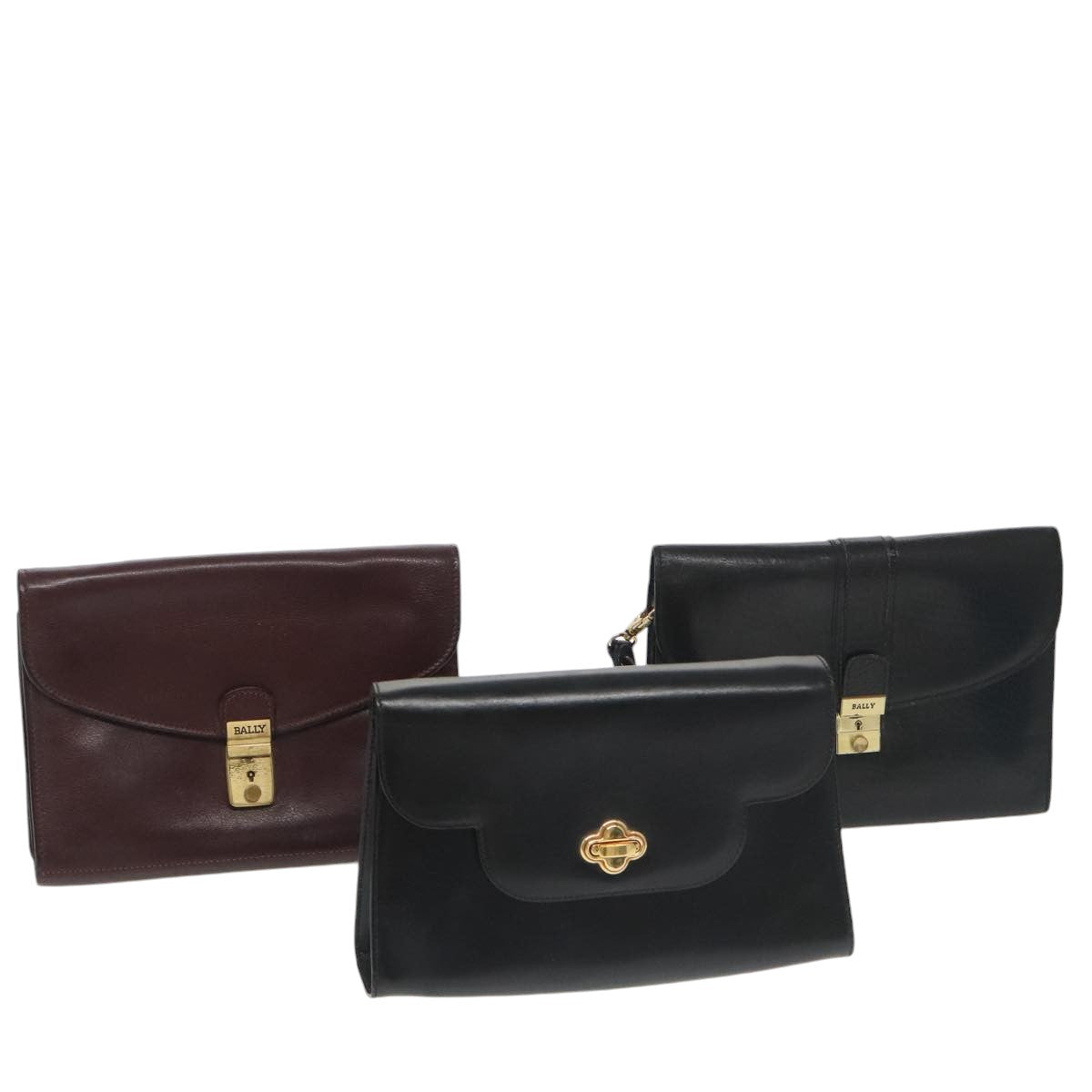 BALLY Clutch Bag Leather 3Set Black Auth ti2300