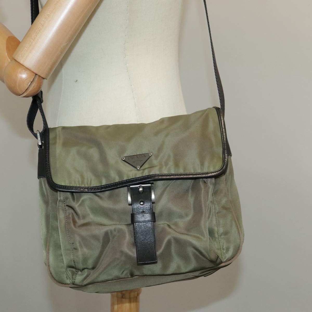 PRADA Shoulder Bag Nylon Khaki Black Silver Auth ti2306