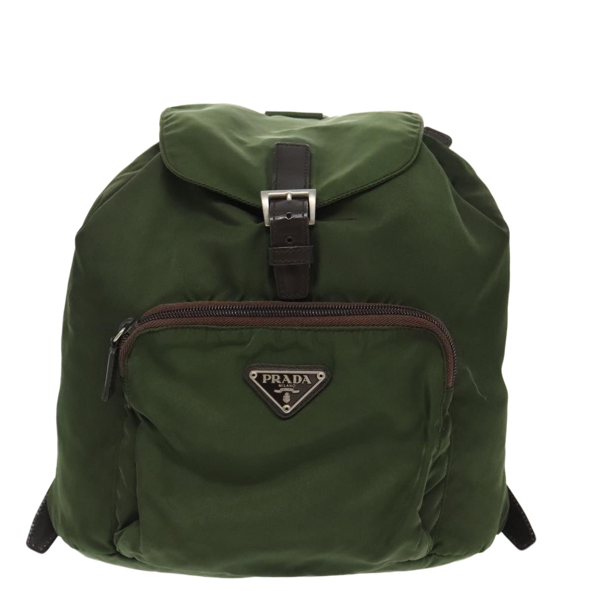 PRADA Backpack Nylon Khaki Dark Brown Silver Auth ti2308 - 0