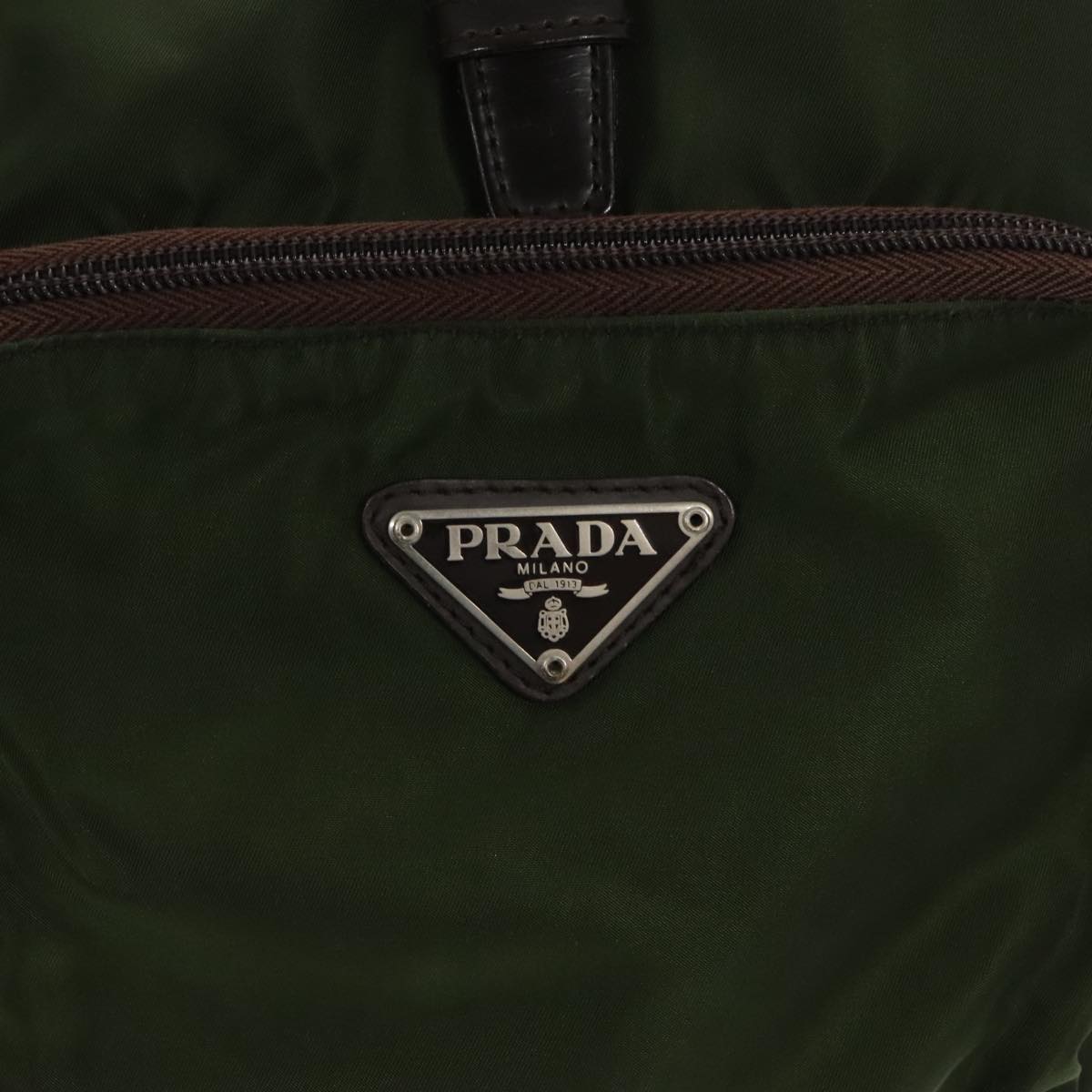 PRADA Backpack Nylon Khaki Dark Brown Silver Auth ti2308