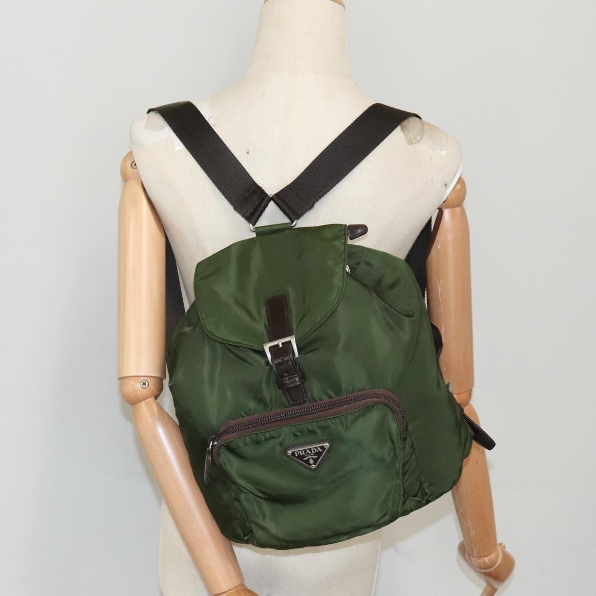 PRADA Backpack Nylon Khaki Dark Brown Silver Auth ti2308