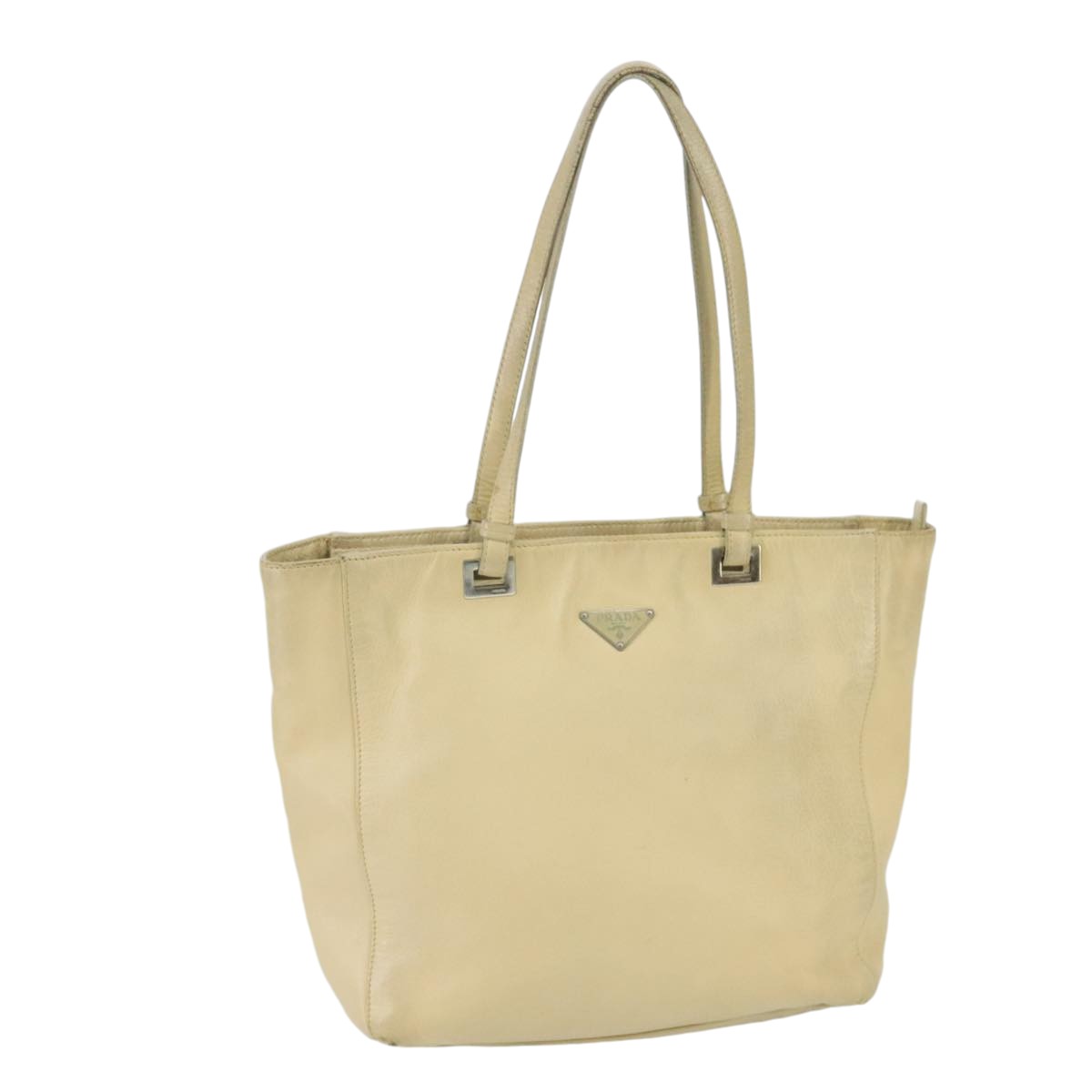 PRADA Tote Bag Leather Beige Silver Auth ti2318