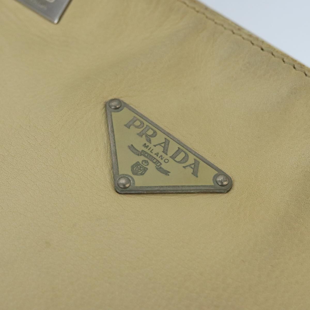 PRADA Tote Bag Leather Beige Silver Auth ti2318