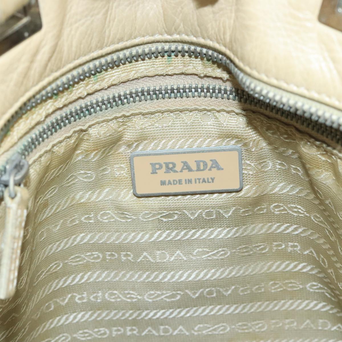 PRADA Tote Bag Leather Beige Silver Auth ti2318