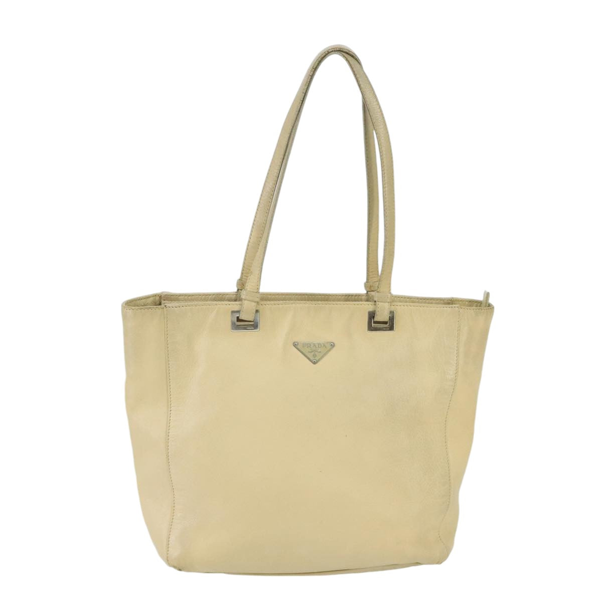 PRADA Tote Bag Leather Beige Silver Auth ti2318