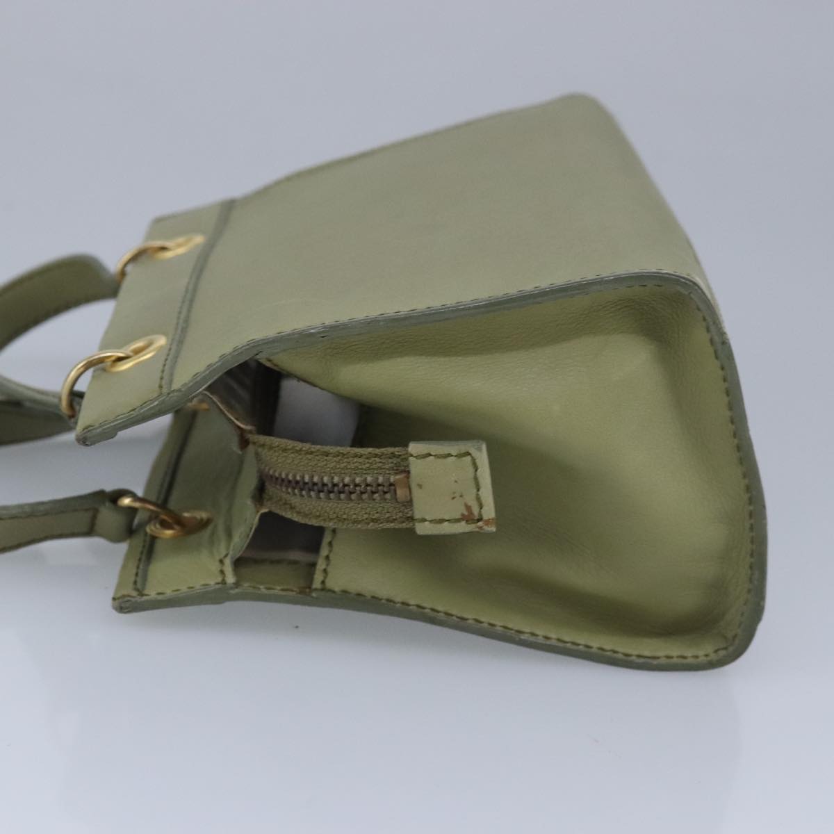 CELINE Hand Bag Leather Khaki Auth ti2319