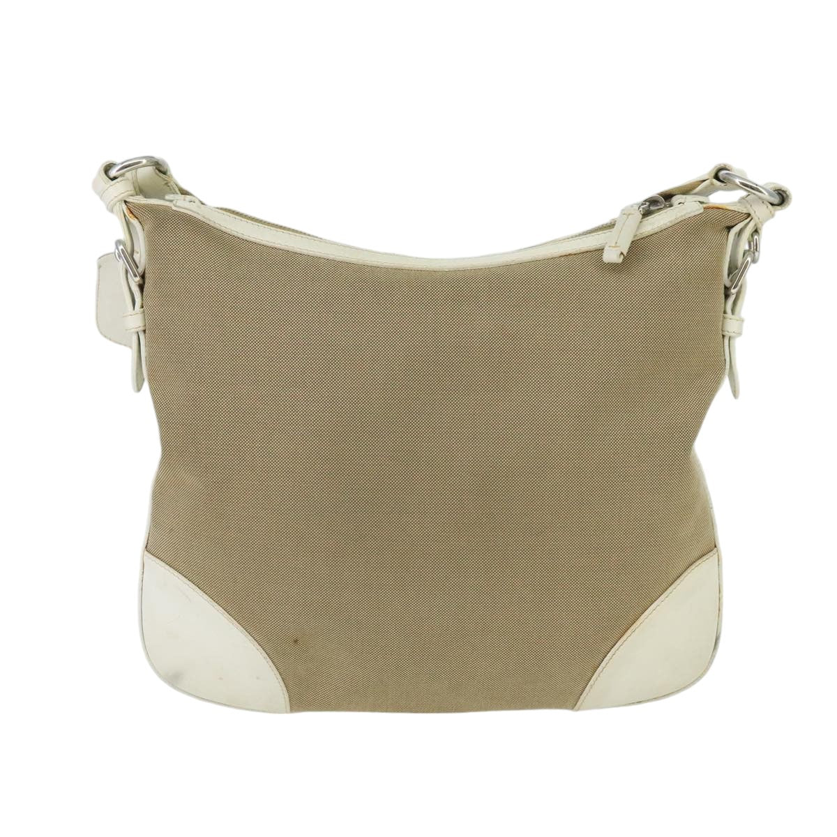 PRADA Shoulder Bag Canvas Leather Beige White Silver Auth ti2326 - 0