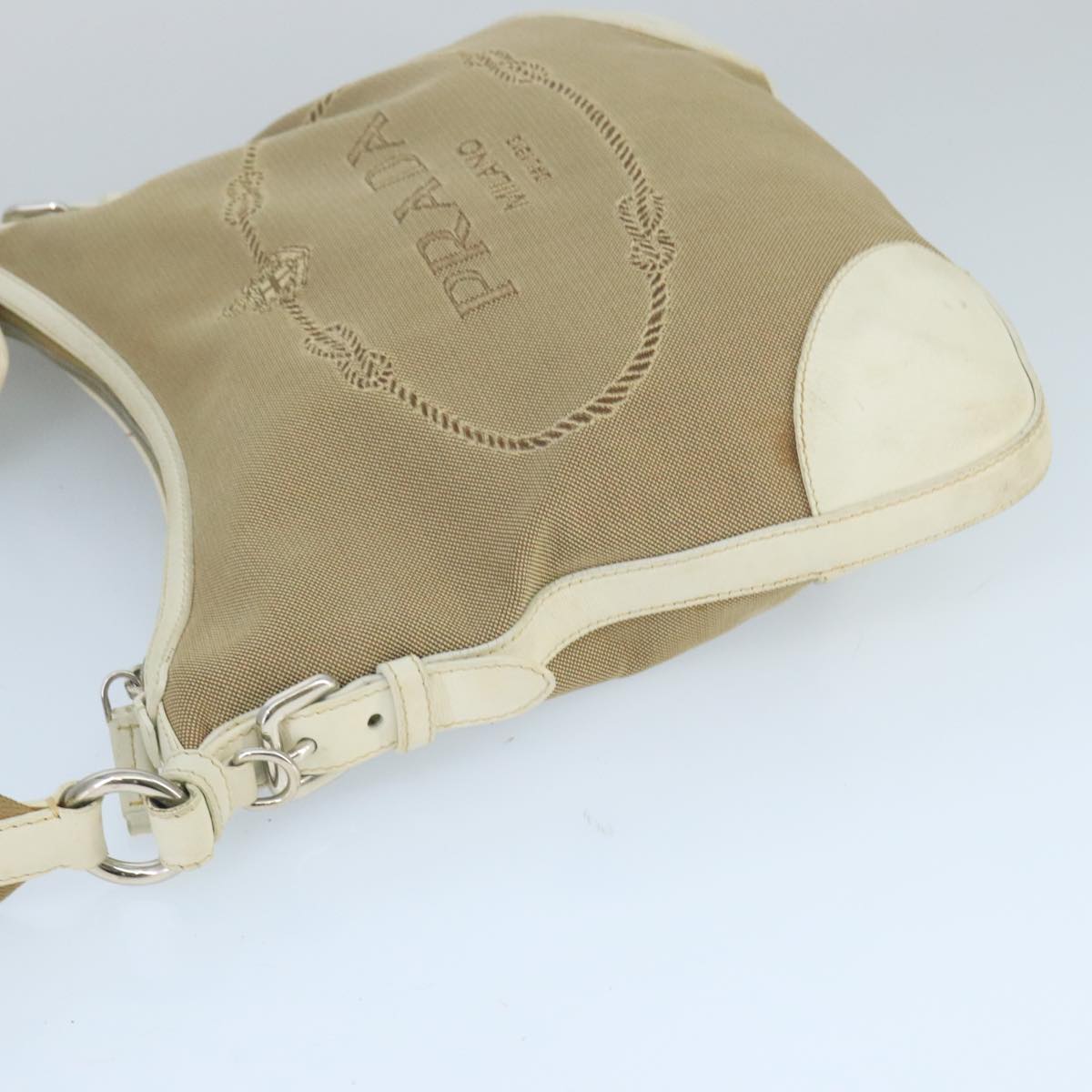 PRADA Shoulder Bag Canvas Leather Beige White Silver Auth ti2326