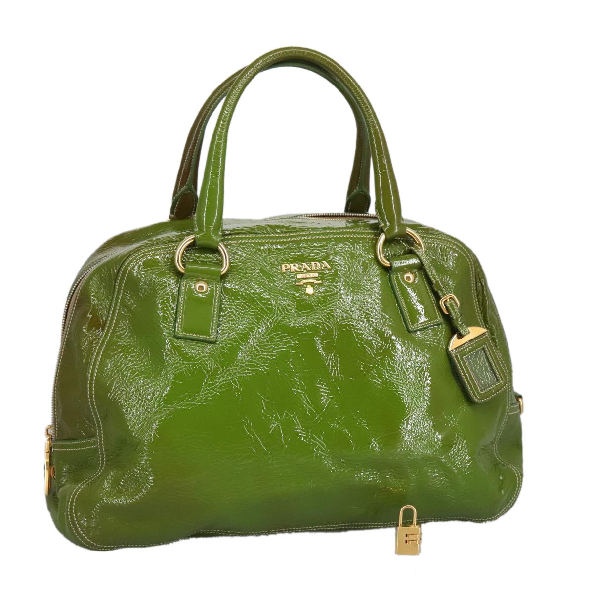 PRADA Hand Bag Enamel Green Gold Auth ti2329