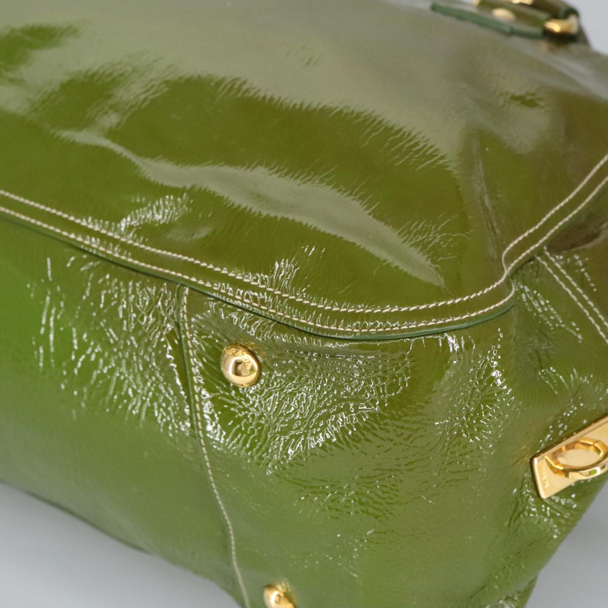 PRADA Hand Bag Enamel Green Gold Auth ti2329